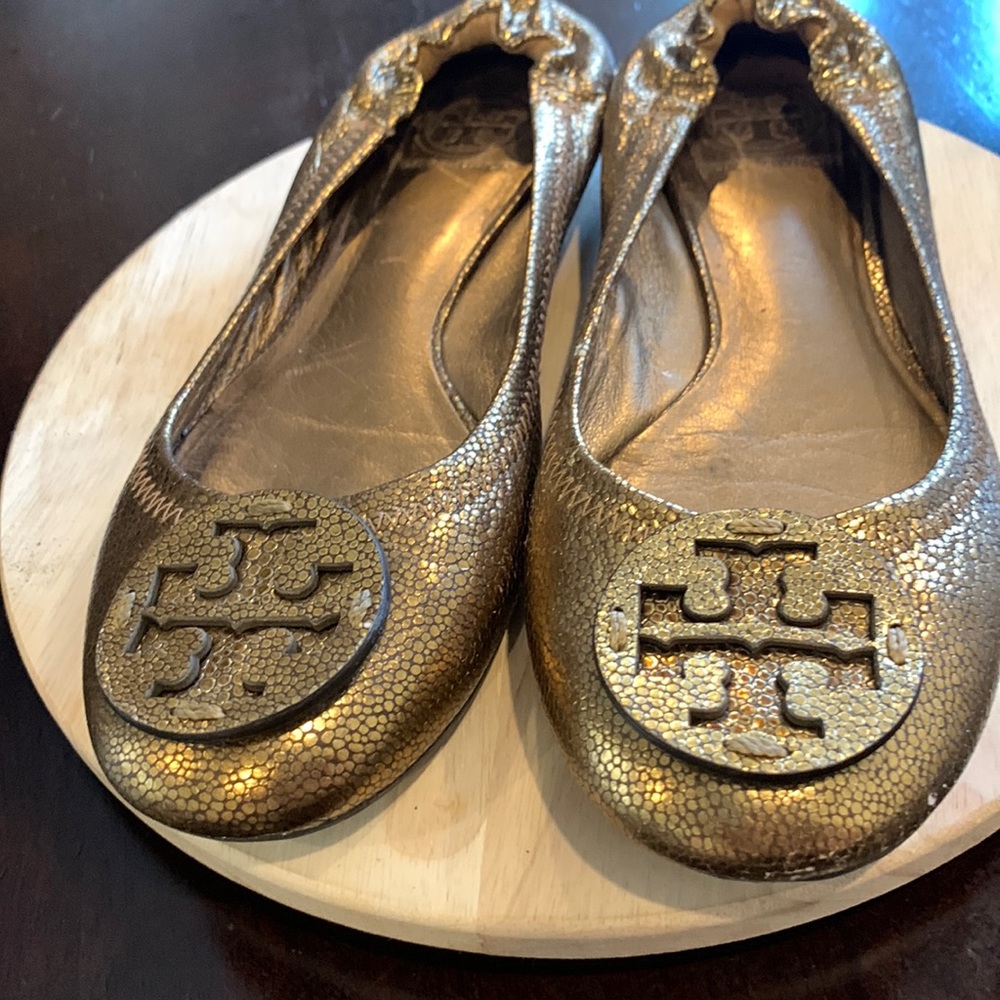 Tory Burch Gold Pebbled Leather Ballet Flats